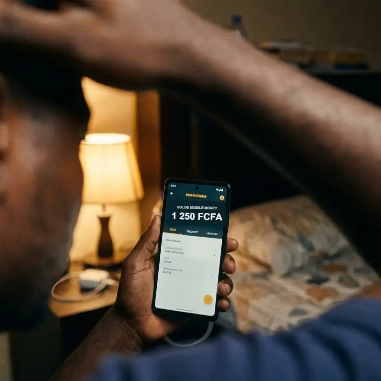 Un homme regarde, inquiet, son solde Mobile Money presque vide